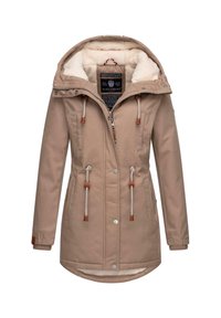 Beige Parka-Jacke mit einem mit Fell gefütterten Kapuzen, ausgestattet mit einem Reißverschluss und Knopfverschluss, verstellbaren Kordelzügen und zwei Fronttaschen.