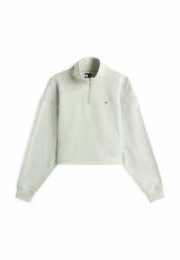 Felpa corta verde menta con collo alto, zip parziale frontale e maniche lunghe. Presenta un piccolo logo vicino al petto. Tessuto morbido.
