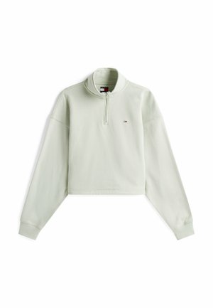 Mintgrønt cropped sweatshirt med høj krave, halv lynlås foran og lange ærmer. Har et lille logo nær brystet. Blødt stof tekstur.