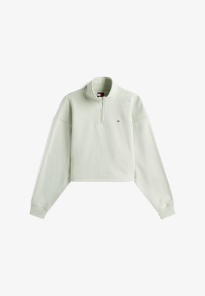 Mintgrønt cropped sweatshirt med høj krave, halv lynlås foran og lange ærmer. Har et lille logo nær brystet. Blødt stof tekstur.