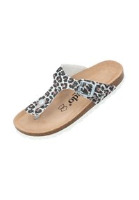 Infradito a fantasia leopardata con tomaia in similpelle, fibbia regolabile in argento, soletta in sughero e suola in gomma bianca.