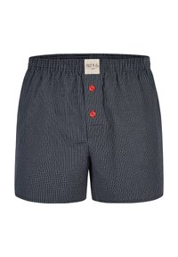 Boxer in blu navy con motivo a quadri. Presenta una comoda vita elastica e due bottoni rossi sul davanti.