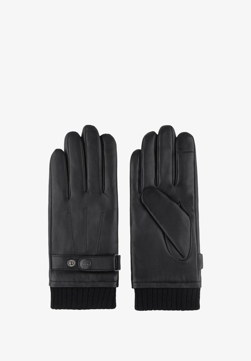 Een paar zwarte leren handschoenen met ribbelgebreide manchetten en een drukknoopriem op de linkshandschoen, plat weergegeven met de handpalmen omhoog en omlaag.