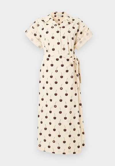 Κρεμ midi φόρεμα με κοντά μανίκια, γιακά, σχέδιο με κεράσια, κουμπιά μπροστά και ζώνη στη μέση που δένεται.