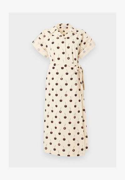 Κρεμ midi φόρεμα με κοντά μανίκια, γιακά, σχέδιο με κεράσια, κουμπιά μπροστά και ζώνη στη μέση που δένεται.