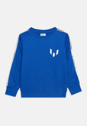 Blue long-sleeve sweatshirt with white logo on chest and white branded tape running along the top of both sleeves.
