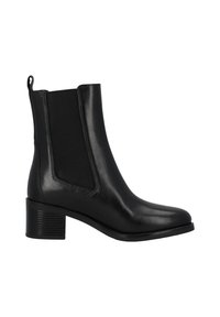 Black leather ankle boot with elastic side panels, rounded toe, and a block heel. Features a pull tab at the back for easy wear.