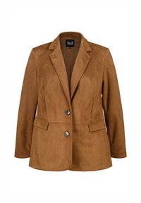 Veste en suédine marron avec un col cranté, deux boutons sur le devant et des poches latérales. Présente une texture lisse et une coupe ajustée.