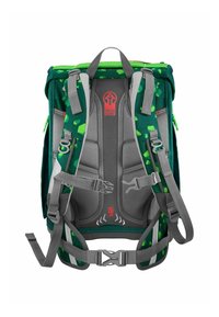 Grüner Rucksack mit grauen Trägern, ausgestattet mit einer strukturierten Rückseite, verstellbaren Schnallen und einem Blattmuster, das Haltbarkeit und Komfort betont.