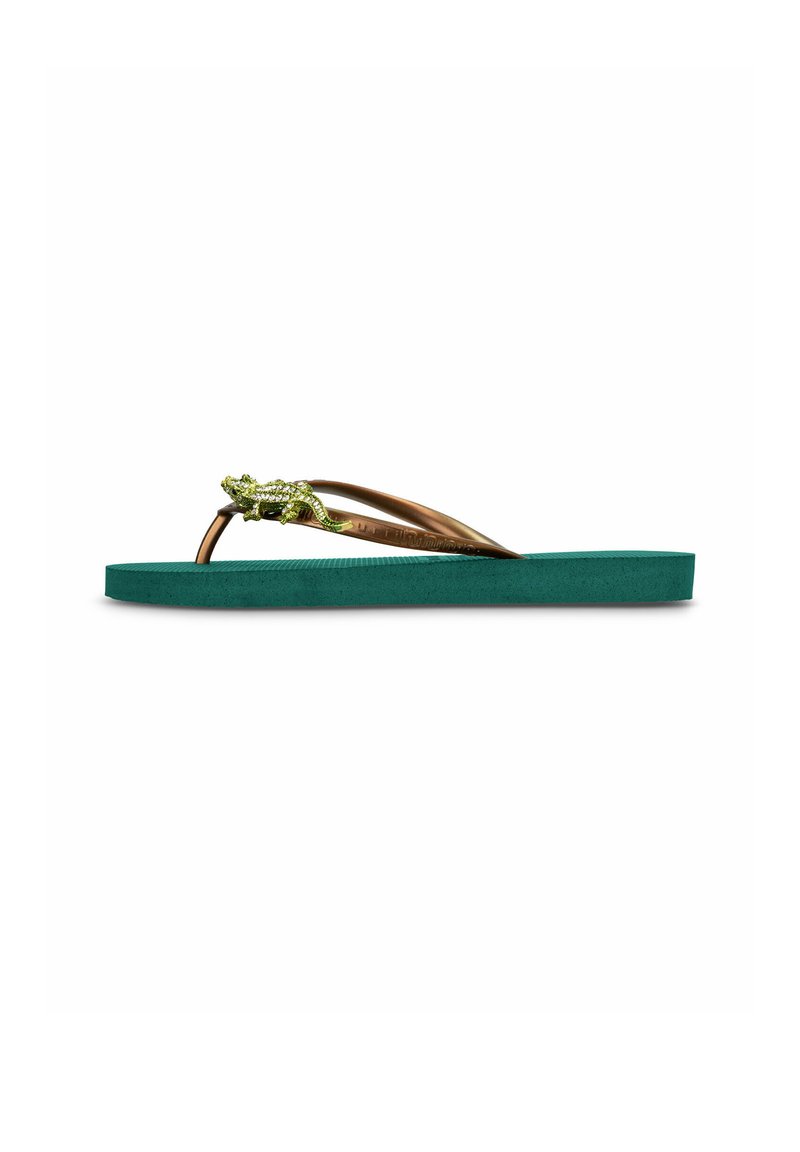 Green rubber flip-flop with a thick sole. Features a bronze thong strap and a green reptile accent on top. Flat design with minimal texture.
