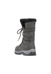 Botas de ante gris con un cuello de pelo sintético, delanteras con cordones y suela gris acolchada. Presenta un logo en el lado. La altura llega a la mitad de la pantorrilla.