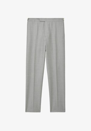 Gray tailored trousers with a smooth texture, featuring a straight leg design, two front pockets, and a button closure at the waistband.