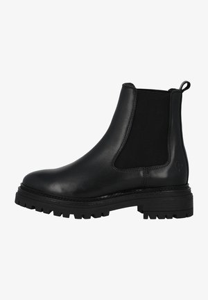 Schwarze Leder-Chelsea-Stiefel mit elastischen seitlichen Einsätzen, strukturiertem Sohlenprofil und einer Zuglasche an der Rückseite. Verfügt über ein robustes Profil für besseren Halt.