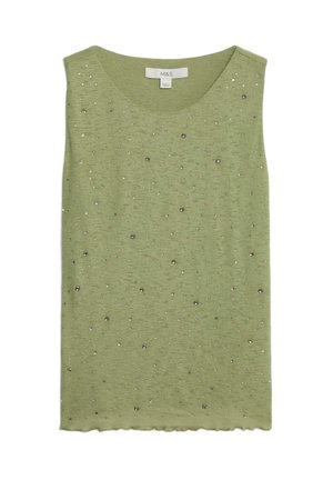 Top verde senza maniche realizzato in materiale morbido, con superficie texture e pietre preziose sparse, e orlo a punta.