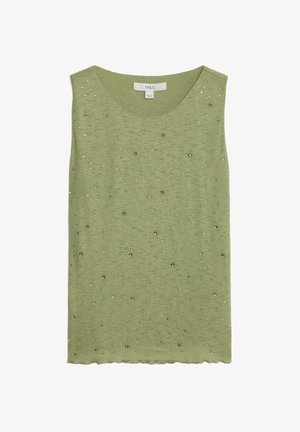 Grønn ærmeløs top lavet af blødt materiale, med en tekstureret overflade prydet med spredte ædelsten og en bølget kant.