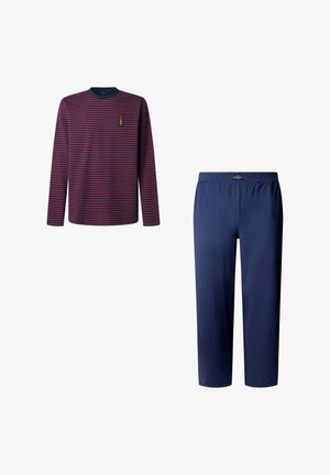 Langärmliges rot und marineblau gestreiftes Oberteil mit kleinem Akzentlogo, kombiniert mit einfarbigen marineblauen Hose mit elastischem Bund. Weicher Stoff und entspannte Passform.