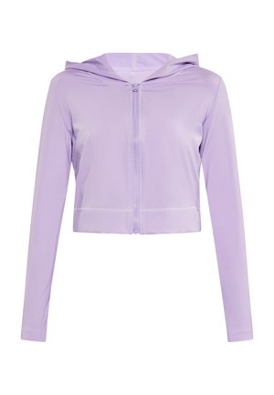 Fialová skrátená mikina na zips s mäkkou textúrou, dlhými rukávmi a kapucňou. Má predné zipsové zapínanie a minimalistický dizajn.