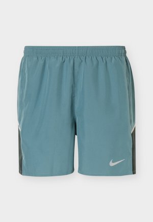 Lichtblauwe heren sportshorts met elastische tailleband, donkere zijpanelen en wit Nike swoosh-logo op het linkerbeen.