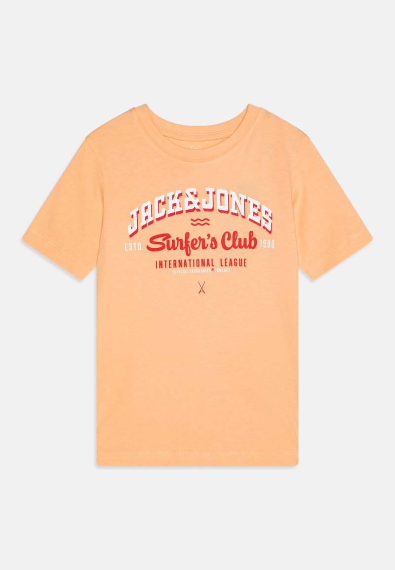 Trumpas rankovėmis, šviesiai oranžinis medvilnės marškinėliai su apvalia iškirpte, su baltu ir raudonu grafiniu spaudiniu, ant kurio parašyta "Jack & Jones Surfer's Club."