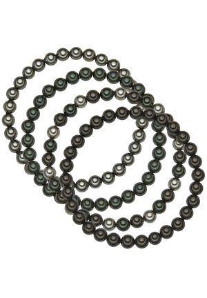 Four stretch bracelets made of glossy beads in varying shades of black, gray, and green, showcasing a smooth, round design.