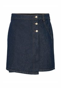 Dark denim skirt with a wrap design, featuring a high waistband, four decorative metallic buttons, and contrasting stitching.