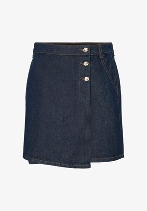 Gonna in denim scuro con design avvolgente, dotata di vita alta, quattro bottoni metallici decorativi e cuciture a contrasto.