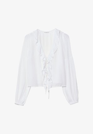 Weiße langärmlige Bluse mit tiefem V-Ausschnitt, Rüschensaum und Frontbindedetail. Hergestellt aus leichtem, strukturiertem Stoff. Kürzerer Schnitt.