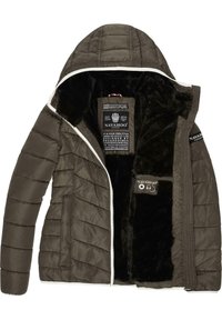 Quilted dark olive puffer jacket with a white zipper and trim, featuring a soft black faux fur lining and a brand tag inside.