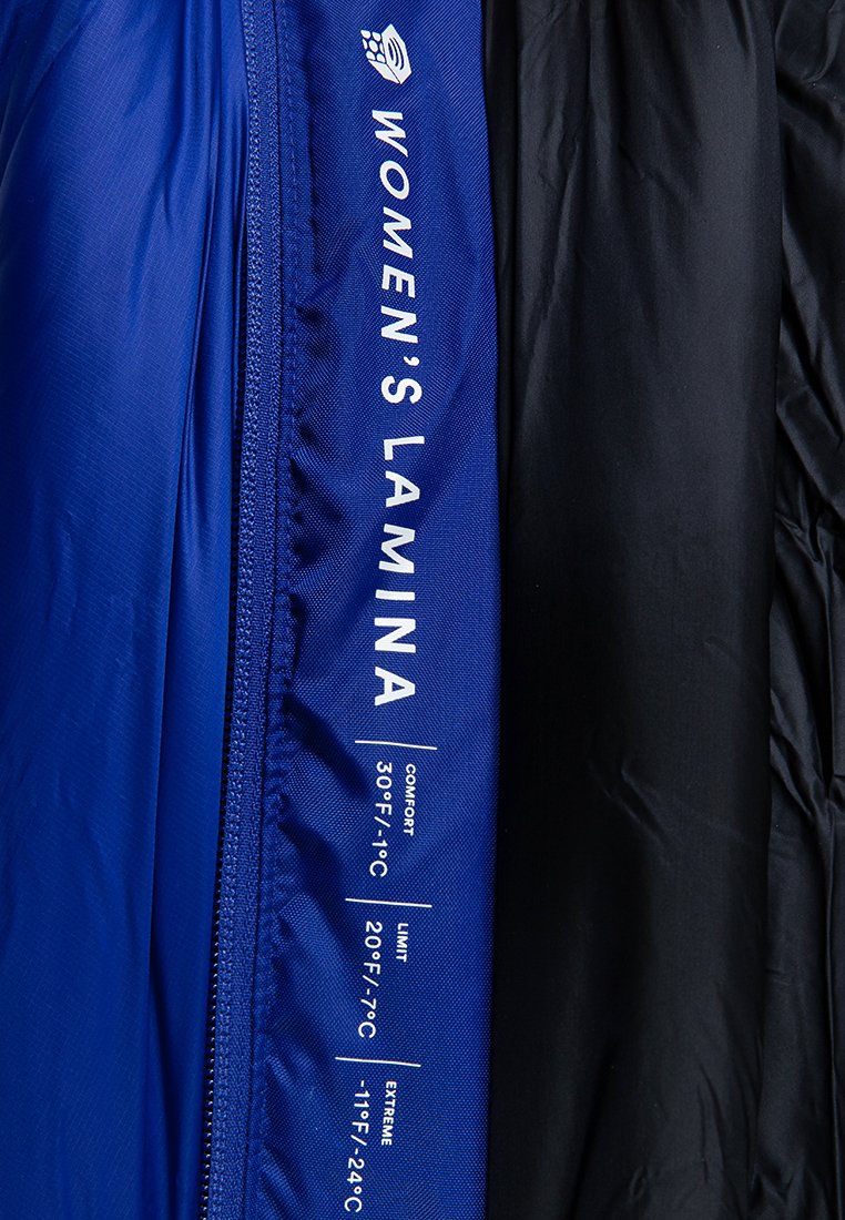 Innenansicht einer blauen und schwarzen Jacke mit dem Etikett "Women's Lamina" und Temperaturbewertungen: Komfort 30°F, Limit 20°F, Extrem -11°F.