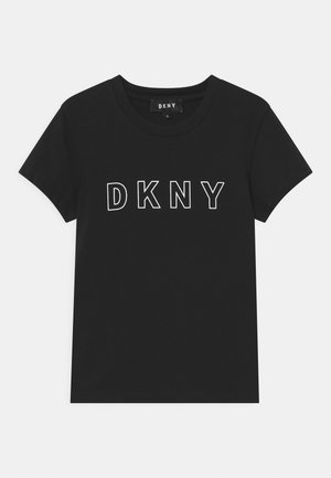 T-shirt noir à manches courtes avec logo DKNY blanc en contour centré sur le devant et col rond.