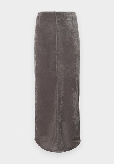 Szürke, térdig érő szoknya, puha, texturált anyagból, enyhe fénylusterral. Egyenes szabású és kerekített szegéllyel rendelkezik.