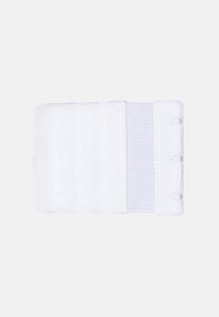 White fabric bra extender featuring a soft texture, three hook-and-eye closures, and a ribbed elastic section for adjustable fit.