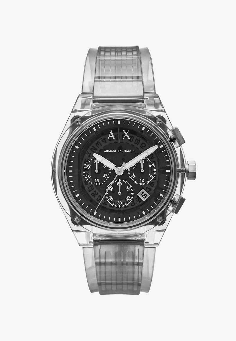 Transparent Armani Exchange armbåndsur med svart urskive, tre delskiver, datovindu ved klokken 4 og sølvfargede time-, minutt- og sekundvisere.