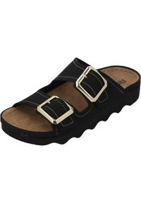 Sandale noire à glissière avec double boucle dorée réglable, semelle intérieure en liège moulée et semelle extérieure en caoutchouc ondulé. Présente des surpiqûres contrastées.