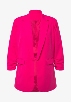 Fuchsia blazer met een reverskraag, driekwartmouwen, twee voorkruiszakken en een open voorkant. Glad textuur en heldere kleur.