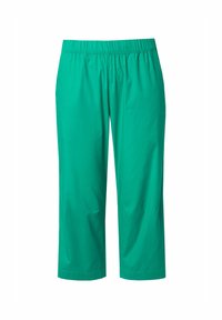 Grüne, knöchellange Hose mit elastischem Bund, aus glattem Stoff gefertigt. Sie hat gerade Beine und zwei Seitentaschen. Keine sichtbaren Muster oder Akzente.
