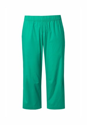Pantaloni cropped verdi con vita elastica, realizzati in un tessuto morbido. Presentano gambe dritte e due tasche laterali. Senza motivi o dettagli visibili.