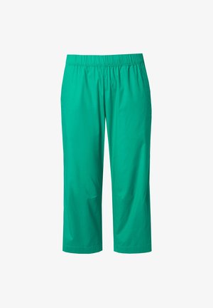 Grüne, knöchellange Hose mit elastischem Bund, aus glattem Stoff gefertigt. Sie hat gerade Beine und zwei Seitentaschen. Keine sichtbaren Muster oder Akzente.