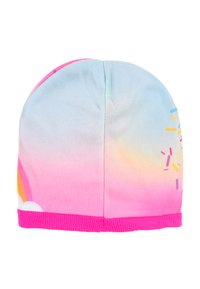 Berretto in morbido tessuto con una sfumatura dal blu al rosa, caratterizzato da un design di arcobaleno e sprinkles multicolori, rifinito con un bordo a coste rosa.
