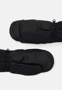 Moufles noires avec un extérieur en tissu doux, des poignets élastiques pour un ajustement confortable et un intérieur lisse. Adaptées à une utilisation par temps froid.