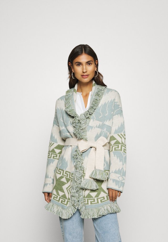 CARDIGAN WITH BELT AND FRINGE DETAILS - Cardigan - dove blue