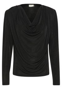 Svart långärmad topp med draperad cowl-krage, tillverkad av ett mjukt material. Har en slät textur och en figurnära silhuett.