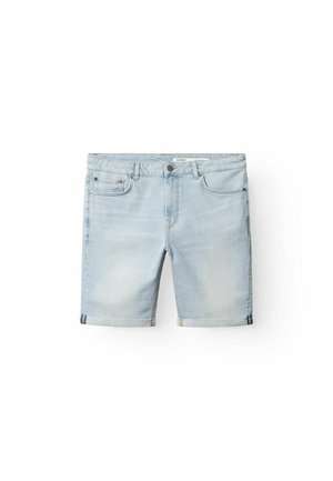 Lichtblauwe denim shorts met een rechte pasvorm, opgerolde zoom, een ontwerp met vijf zakken en een knoopsluiting in de taille. Soepele textuur.