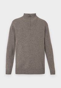 Γκρι πλεκτό πουλόβερ με ψηλό γιακά, ριμπ υφή και κλείσιμο με ¼ φερμουάρ. Κατευθείαν κοπή και ριμπ μανσέτες και στρίφωμα.