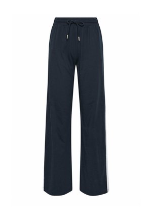 Navy blue wide-leg pants with elastic waistband and drawstring, featuring white vertical side stripes.