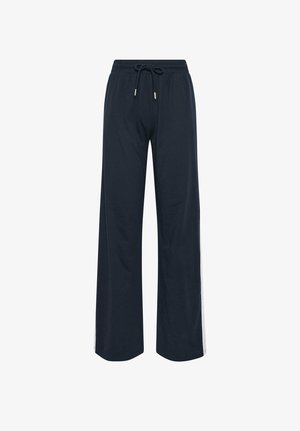 Navy blue wide-leg pants with elastic waistband and drawstring, featuring white vertical side stripes.