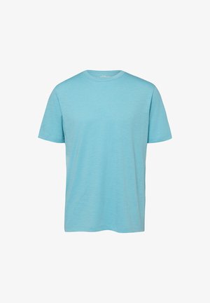 Lichtblauw T-shirt met korte mouwen en ronde hals, met een subtiele textuur en een reguliere pasvorm, getoond op een effen witte achtergrond.