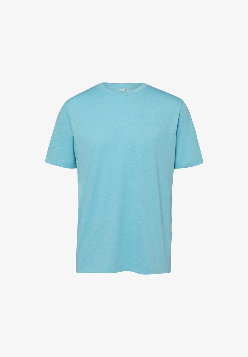 T-shirt bleu clair à manches courtes avec col rond, texture subtile et coupe régulière, présenté sur un fond blanc uni.