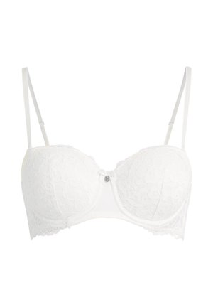 Soutien-gorge blanc en dentelle avec armatures, bretelles réglables, bonnets rembourrés et un petit nœud décoratif avec un charm au centre devant.