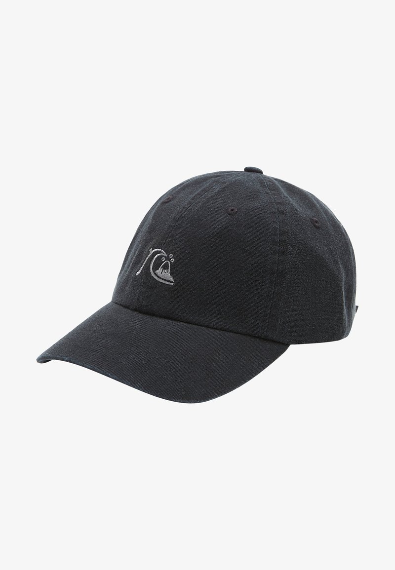 Black cotton baseball cap with a curved brim and six-panel construction; features a small white wave logo on the front.